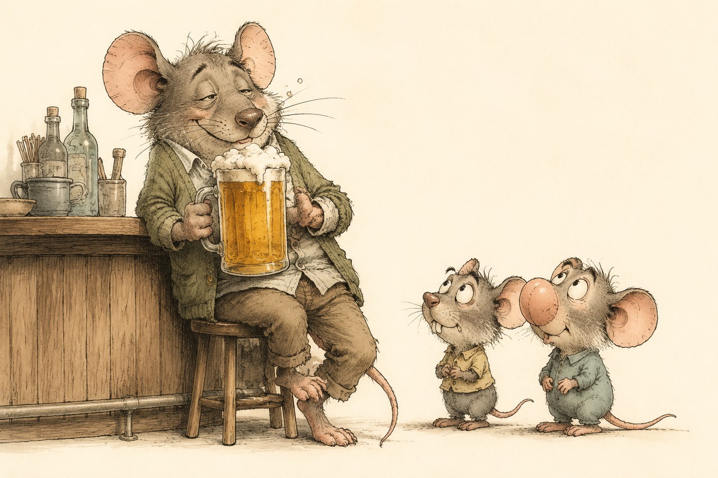 A cartoon father mouse in a cardigan sits at a bar with a large mug of beer while two baby mice with comically odd faces look up at him.